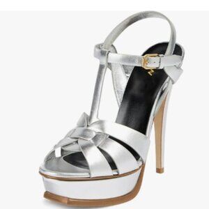 YDN Silver Strappy High Heeled Platform Sandals Peep Toe T-strap Ankle Strap